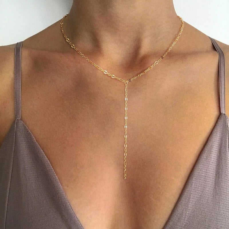 Pancert Gold Necklace for Women, Dainty Long Necklace 14k Gold Plated/Silver Y-Shaped Pendant Necklace Trendy Layered Cz Beaded Chain Lip chain Drop Necklaces for Women Gift Jewelry - Image 3